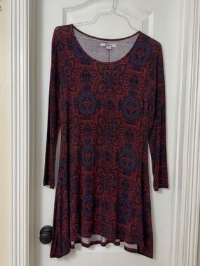Adam Levine Collection maroon red blue floral long sleeve dress  size L